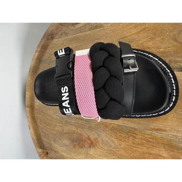 NWB Tommy Jeans Black Pink Braided Strap Slide Sandals Women’s Designer Size 6 - Picture 5 of 10
